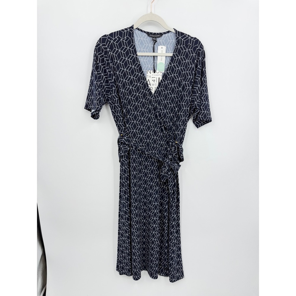 41 Hawthorn Kaitlyn Surplice Dress Women 1X Navy Geometric faux Wrap Knee Length
